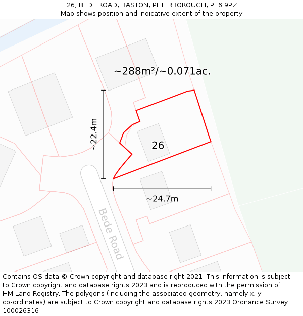 26, BEDE ROAD, BASTON, PETERBOROUGH, PE6 9PZ: Plot and title map