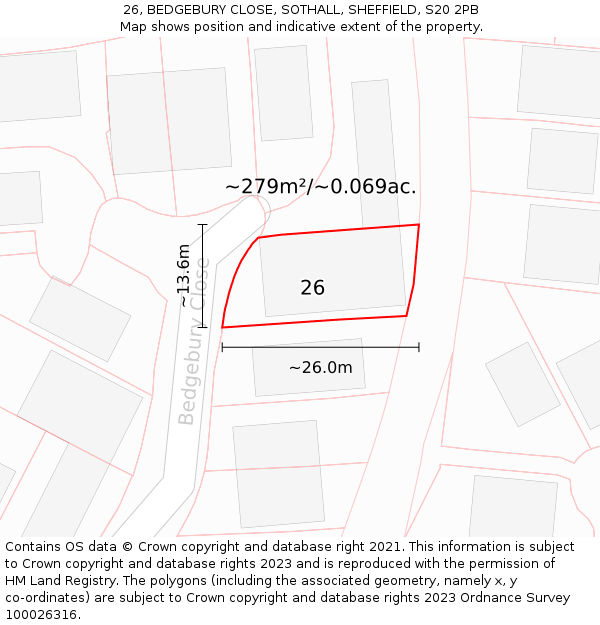 26, BEDGEBURY CLOSE, SOTHALL, SHEFFIELD, S20 2PB: Plot and title map