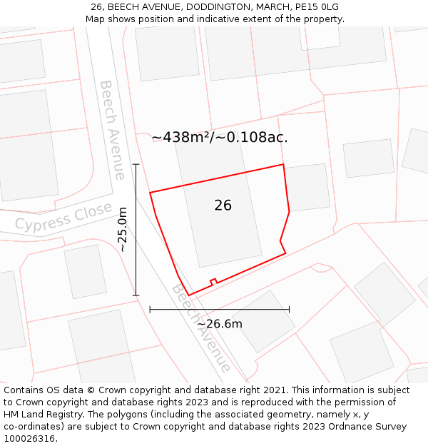 26, BEECH AVENUE, DODDINGTON, MARCH, PE15 0LG: Plot and title map