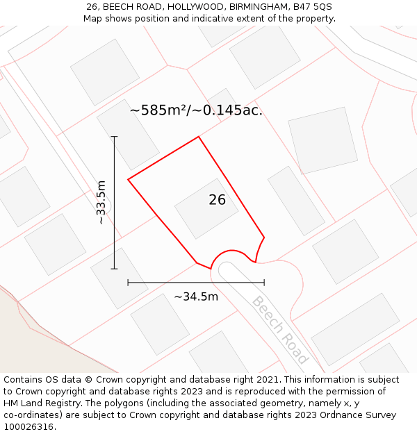26, BEECH ROAD, HOLLYWOOD, BIRMINGHAM, B47 5QS: Plot and title map