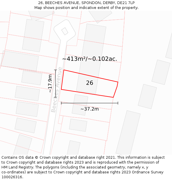 26, BEECHES AVENUE, SPONDON, DERBY, DE21 7LP: Plot and title map