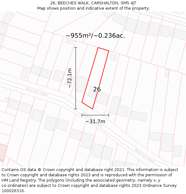 26, BEECHES WALK, CARSHALTON, SM5 4JT: Plot and title map