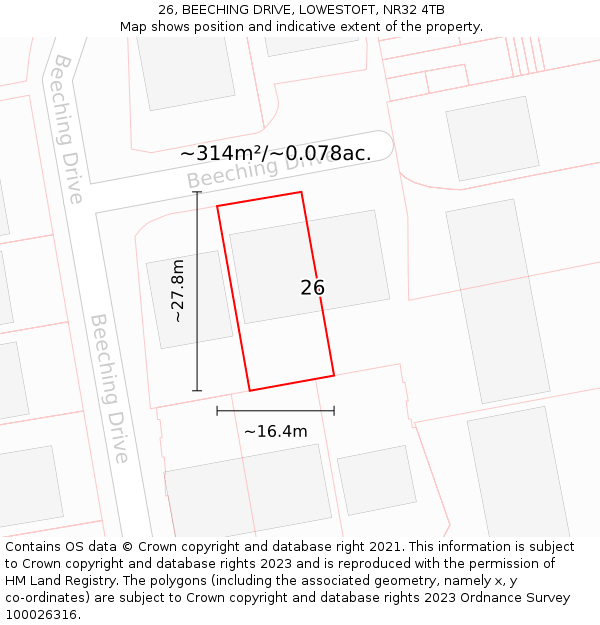 26, BEECHING DRIVE, LOWESTOFT, NR32 4TB: Plot and title map