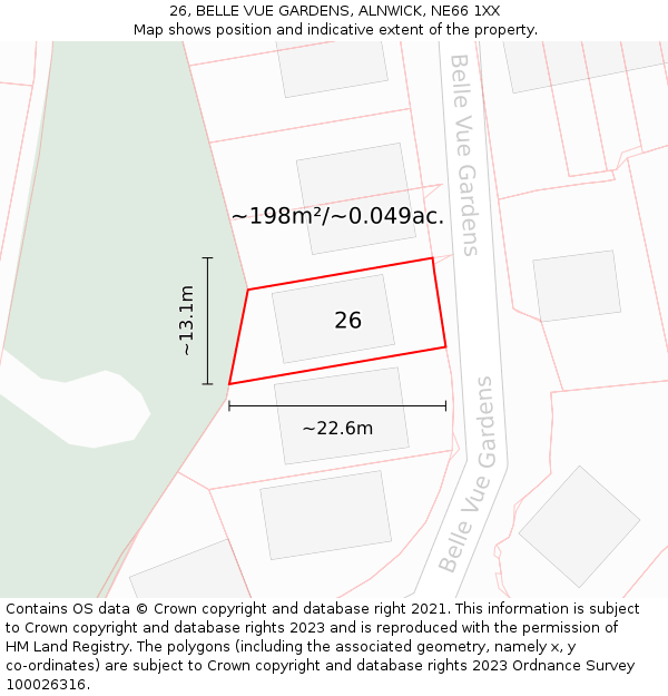 26, BELLE VUE GARDENS, ALNWICK, NE66 1XX: Plot and title map