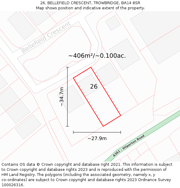 26, BELLEFIELD CRESCENT, TROWBRIDGE, BA14 8SR: Plot and title map