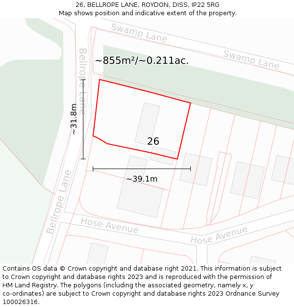 26, BELLROPE LANE, ROYDON, DISS, IP22 5RG: Plot and title map