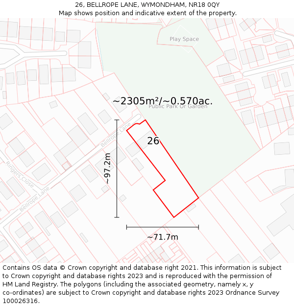 26, BELLROPE LANE, WYMONDHAM, NR18 0QY: Plot and title map