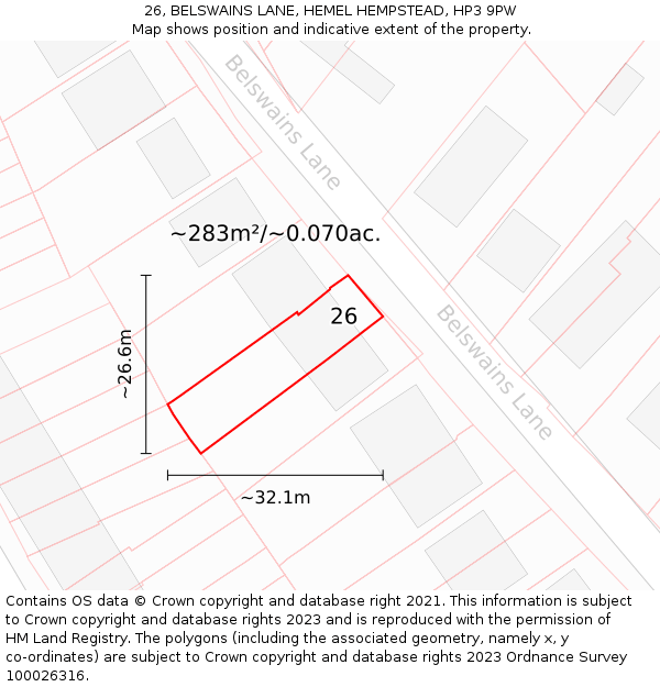 26, BELSWAINS LANE, HEMEL HEMPSTEAD, HP3 9PW: Plot and title map