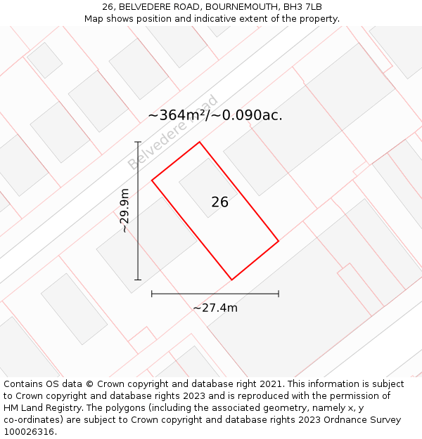 26, BELVEDERE ROAD, BOURNEMOUTH, BH3 7LB: Plot and title map