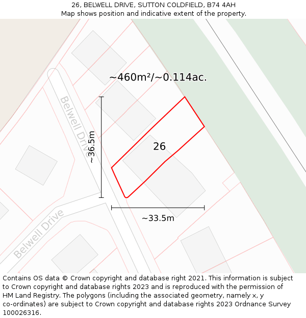 26, BELWELL DRIVE, SUTTON COLDFIELD, B74 4AH: Plot and title map