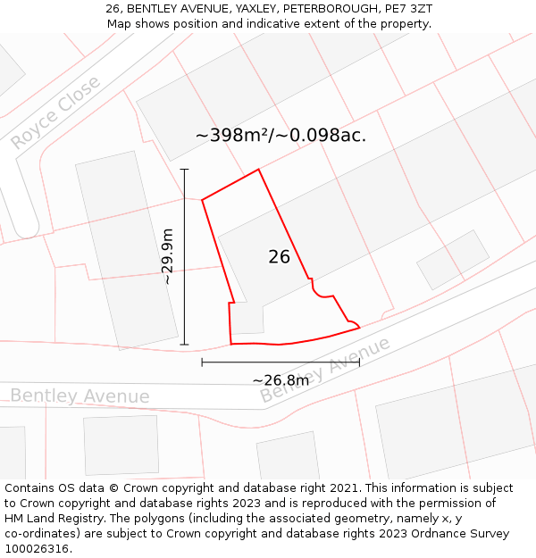 26, BENTLEY AVENUE, YAXLEY, PETERBOROUGH, PE7 3ZT: Plot and title map