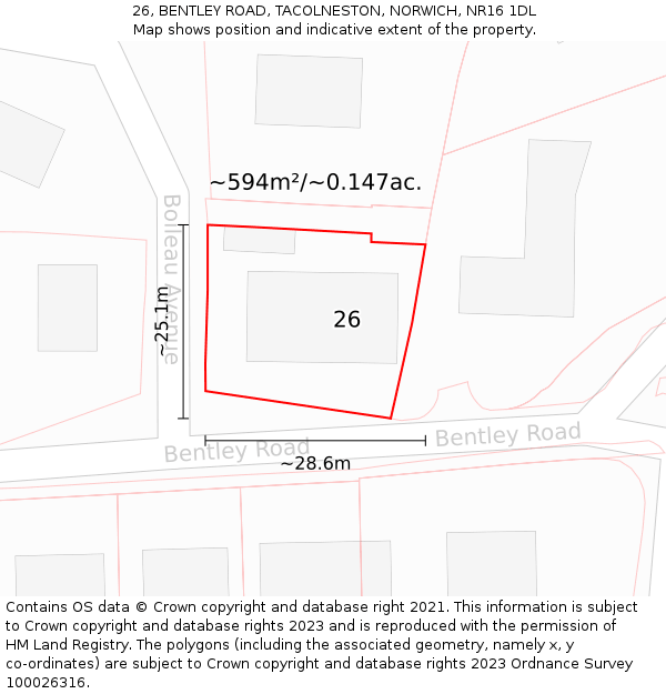 26, BENTLEY ROAD, TACOLNESTON, NORWICH, NR16 1DL: Plot and title map
