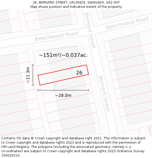 26, BERNARD STREET, UPLANDS, SWANSEA, SA2 0HT: Plot and title map