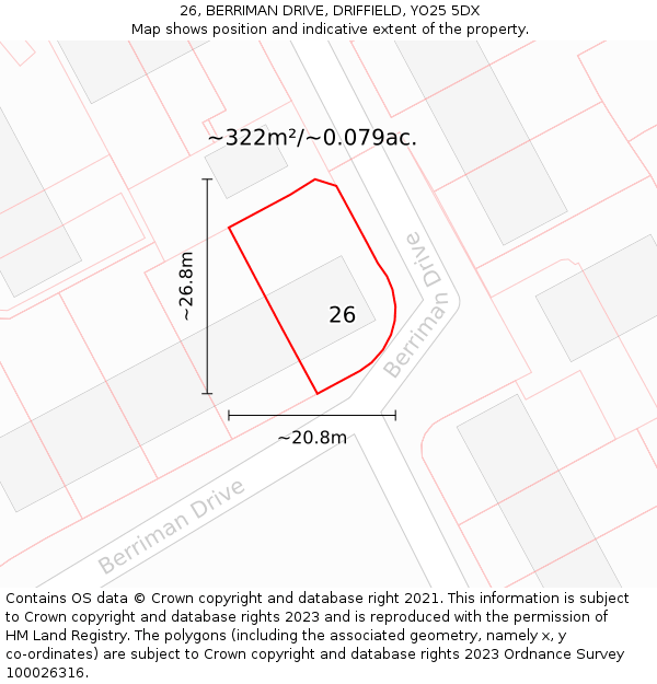 26, BERRIMAN DRIVE, DRIFFIELD, YO25 5DX: Plot and title map