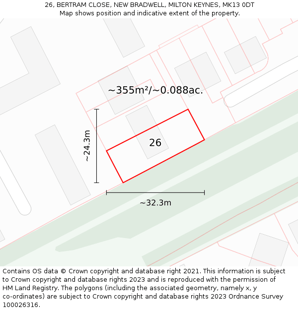 26, BERTRAM CLOSE, NEW BRADWELL, MILTON KEYNES, MK13 0DT: Plot and title map