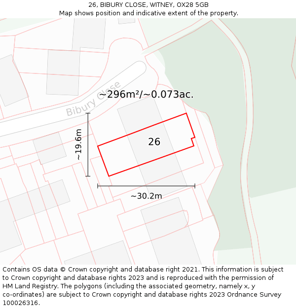 26, BIBURY CLOSE, WITNEY, OX28 5GB: Plot and title map