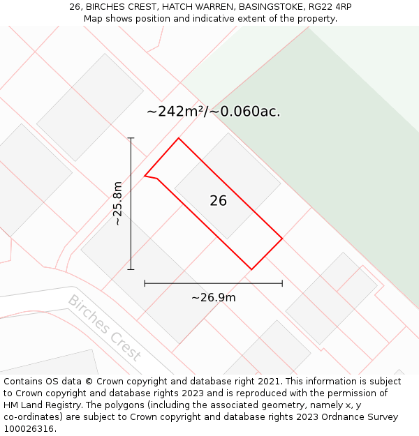 26, BIRCHES CREST, HATCH WARREN, BASINGSTOKE, RG22 4RP: Plot and title map