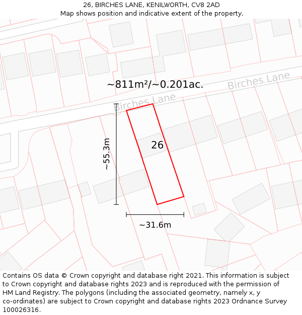 26, BIRCHES LANE, KENILWORTH, CV8 2AD: Plot and title map