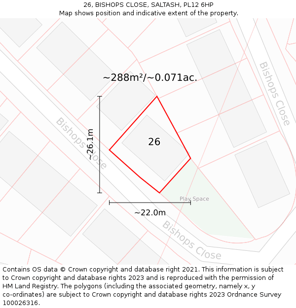 26, BISHOPS CLOSE, SALTASH, PL12 6HP: Plot and title map