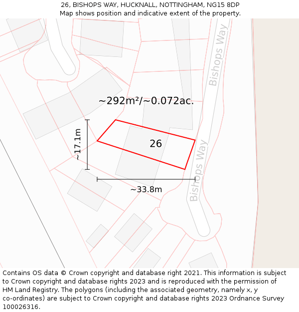 26, BISHOPS WAY, HUCKNALL, NOTTINGHAM, NG15 8DP: Plot and title map