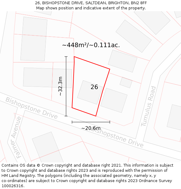 26, BISHOPSTONE DRIVE, SALTDEAN, BRIGHTON, BN2 8FF: Plot and title map