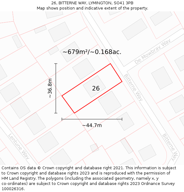 26, BITTERNE WAY, LYMINGTON, SO41 3PB: Plot and title map