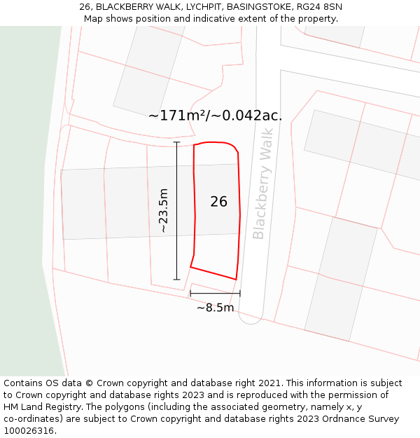 26, BLACKBERRY WALK, LYCHPIT, BASINGSTOKE, RG24 8SN: Plot and title map