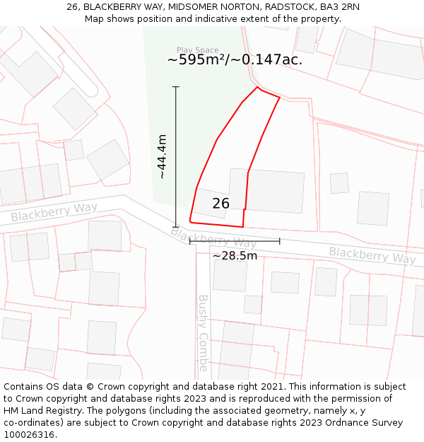 26, BLACKBERRY WAY, MIDSOMER NORTON, RADSTOCK, BA3 2RN: Plot and title map