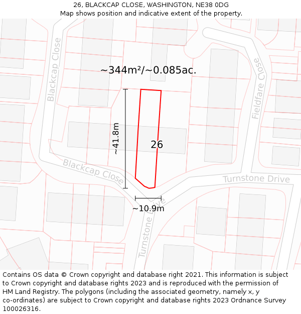 26, BLACKCAP CLOSE, WASHINGTON, NE38 0DG: Plot and title map