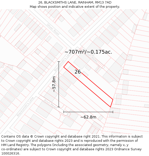 26, BLACKSMITHS LANE, RAINHAM, RM13 7AD: Plot and title map