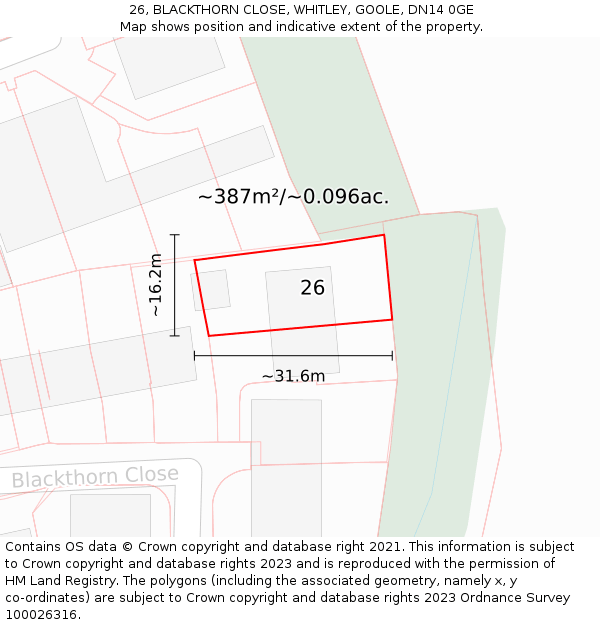 26, BLACKTHORN CLOSE, WHITLEY, GOOLE, DN14 0GE: Plot and title map