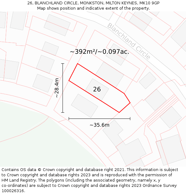 26, BLANCHLAND CIRCLE, MONKSTON, MILTON KEYNES, MK10 9GP: Plot and title map