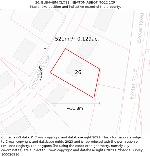 26, BLENHEIM CLOSE, NEWTON ABBOT, TQ12 1QR: Plot and title map