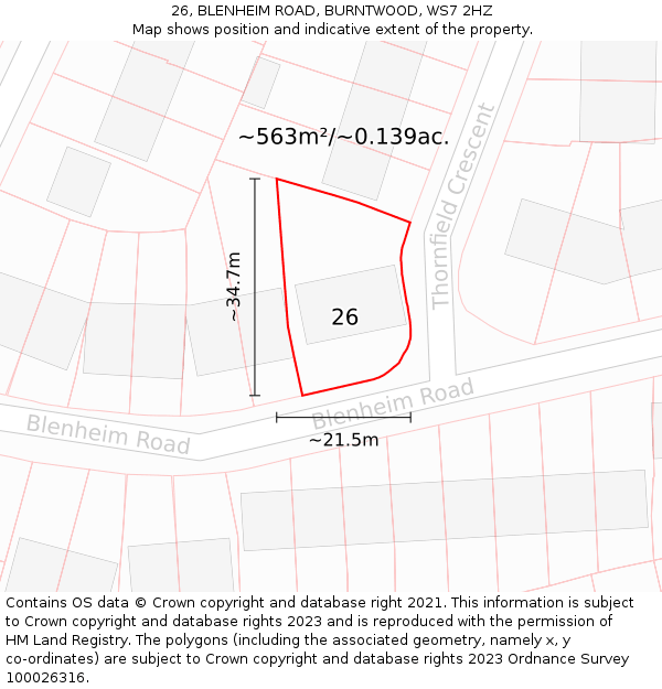 26, BLENHEIM ROAD, BURNTWOOD, WS7 2HZ: Plot and title map