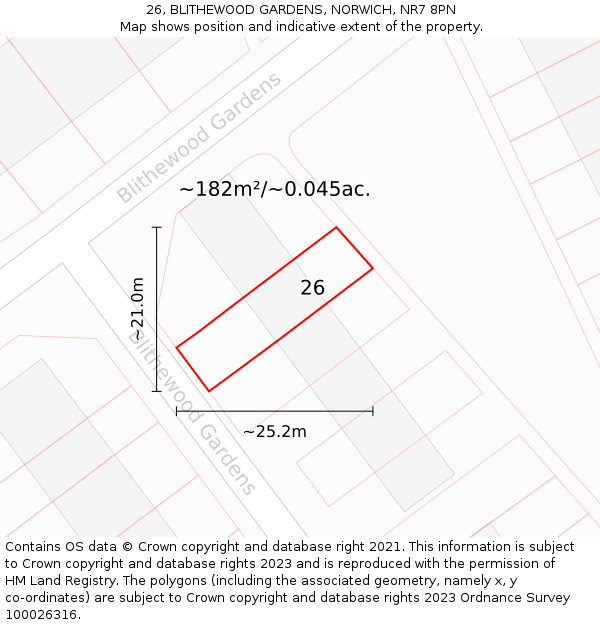 26, BLITHEWOOD GARDENS, NORWICH, NR7 8PN: Plot and title map