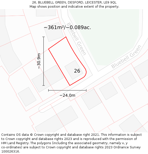 26, BLUEBELL GREEN, DESFORD, LEICESTER, LE9 9QL: Plot and title map
