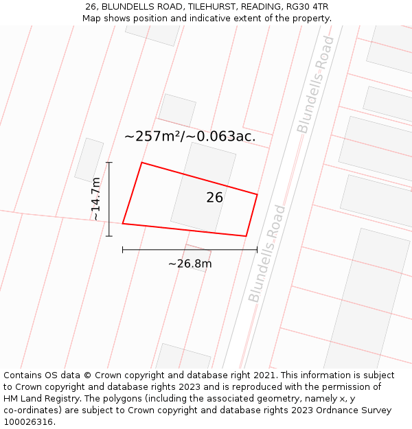 26, BLUNDELLS ROAD, TILEHURST, READING, RG30 4TR: Plot and title map