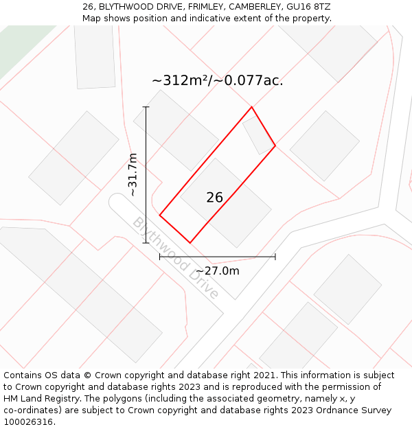 26, BLYTHWOOD DRIVE, FRIMLEY, CAMBERLEY, GU16 8TZ: Plot and title map