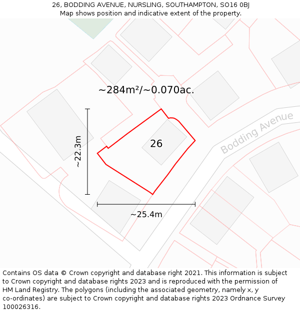 26, BODDING AVENUE, NURSLING, SOUTHAMPTON, SO16 0BJ: Plot and title map