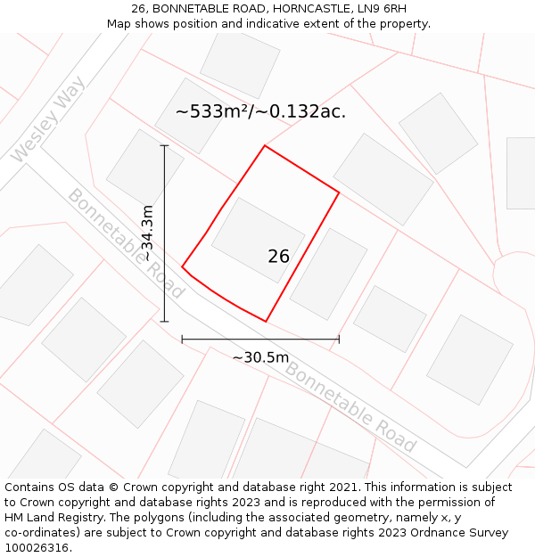 26, BONNETABLE ROAD, HORNCASTLE, LN9 6RH: Plot and title map