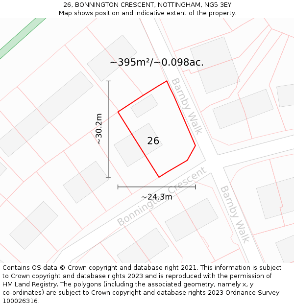 26, BONNINGTON CRESCENT, NOTTINGHAM, NG5 3EY: Plot and title map