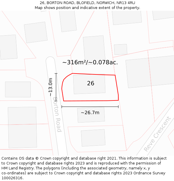 26, BORTON ROAD, BLOFIELD, NORWICH, NR13 4RU: Plot and title map