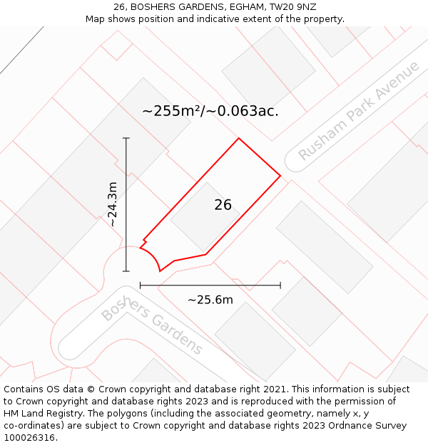 26, BOSHERS GARDENS, EGHAM, TW20 9NZ: Plot and title map