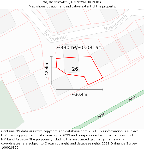 26, BOSNOWETH, HELSTON, TR13 8FP: Plot and title map