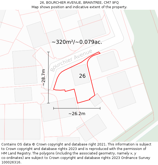 26, BOURCHIER AVENUE, BRAINTREE, CM7 9FQ: Plot and title map