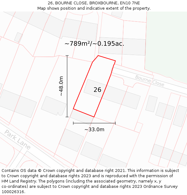 26, BOURNE CLOSE, BROXBOURNE, EN10 7NE: Plot and title map