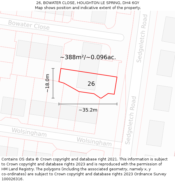 26, BOWATER CLOSE, HOUGHTON LE SPRING, DH4 6GY: Plot and title map