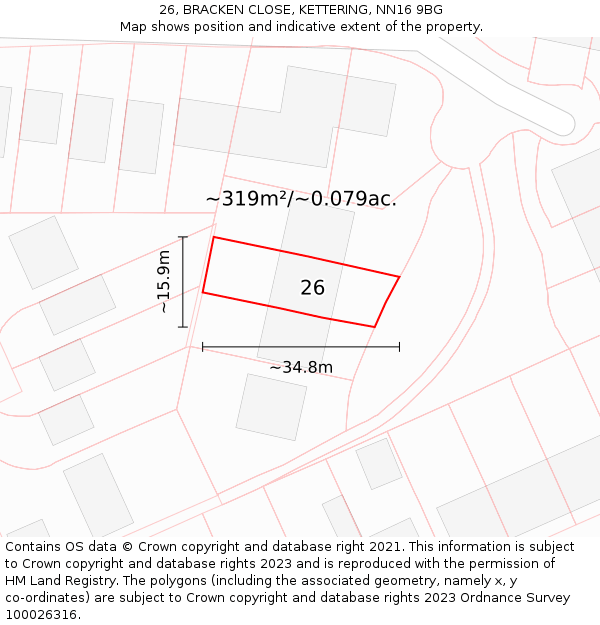 26, BRACKEN CLOSE, KETTERING, NN16 9BG: Plot and title map
