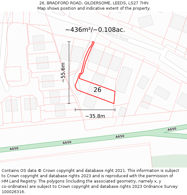 26, BRADFORD ROAD, GILDERSOME, LEEDS, LS27 7HN: Plot and title map