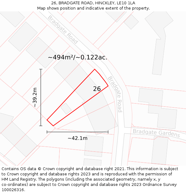26, BRADGATE ROAD, HINCKLEY, LE10 1LA: Plot and title map